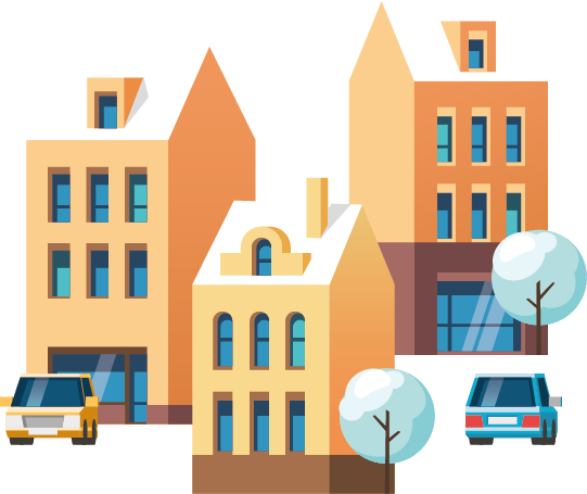 Een afbeelding van huizen en auto's, symboliserend hoe WOZ-Deskundigen je kan helpen bij het verlagen van de WOZ-waarde van je woning, waardoor je bespaart op belastingen.